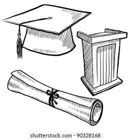 Doodle Style Graduation Or School Vector Illustration With Cap, Podium, And Diploma Scroll