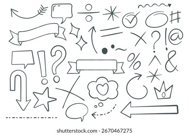 Colección de Elementos gráficos de estilo Doodle sobre fondo blanco