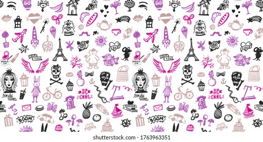 Estilo de doodle patrón gráfico sin fisuras con flores y cráneos, frutas y dulces elementos de línea, estilo joven
