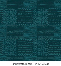 Doodle style graphics. Seamless pattern with sea, ocean lines, wave. Abstract vector illustration in blue colors. Desing textile,fabric,wedding invitations,card,banner,postcard,web.