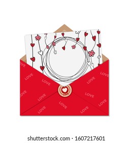 Doodle style greeting card with romantic hearts and empty space for your text in a red open envelope. Happy Valentine's Day