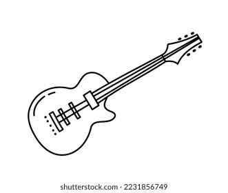 Guitarra estilo doodle. Instrumento musical, arte y creatividad. Afiche o pancarta minimalista, elemento gráfico para imprimir en tela. Retro, 80 y 90, era hippie. Dibujo vectorial plano de dibujos animados