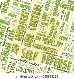 Doodle style gun control, second amendment, or self defense background with hand drawn words.  Vector format.