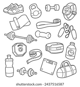 Doodle Style Gym Theme Vector Illustration Collection Set. Editable Line. Adjustable Stroke Width.