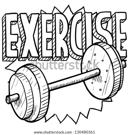 Doodle style gym workout or weight exercise sports illustration.  Includes text and freeweights.