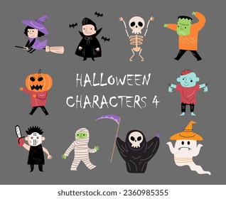 Doodle style halloween cartoon characters . Gray isolate background . Vector . Set 4 of 4 .