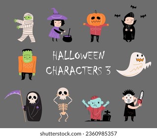 Personajes de caricatura de Halloween al estilo Doodle. Fondo aislado gris. Vector. Juego 3 de 4 .