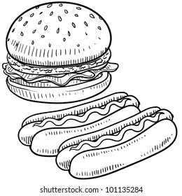 Doodle style hamburger and hot dog with bun and condiments sketch in vector format