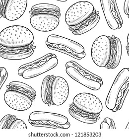 Doodle style hamburger and hot dog backyard barbecue seamless vector background.