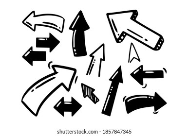 Doodle style hand drawing. Black and white arrows of different shapes, pointers. Isolated vector illustration.
