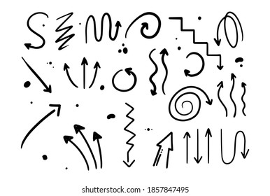 Doodle style hand drawing. Black and white arrows of different shapes, pointers. Isolated vector illustration.