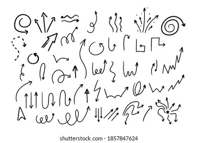 Doodle style hand drawing. Black and white arrows of different shapes, pointers. Isolated vector illustration.