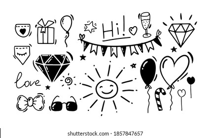 Dibujo a mano estilo Doodle. Dibujos en blanco y negro de la festividad, cumpleaños. Ilustración vectorial aislada.