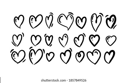 Doodle style hand drawing. Black and white drawings of hearts. Isolated vector illustration