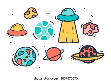 Doodle style hand drawing. Colored planets. Isolated vector illustration