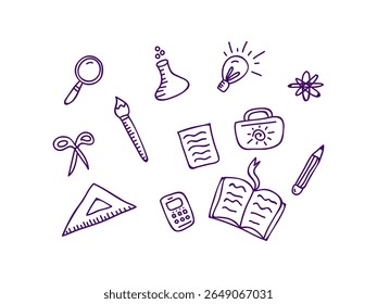estilo doodle mão desenhado de volta para a escola ícones de educação, incluindo livros, mochilas, réguas e elementos de aprendizagem perfeito para sala de aula ou ilustrações acadêmicas