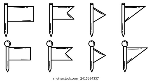 Doodle Style Hand Drawn Collection of Location Flag Pins. Set of Unique Navigation Markers Pinpoints for a Creative and Informative Design.