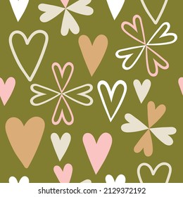 Doodle Style Hand Drawn Colorful Abstract Heart Shapes Trendy Chic Seamless Pattern Cute Look Olive Green Background