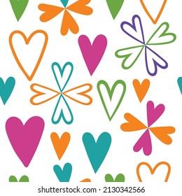 Doodle Style Hand Drawn Colorful Abstract Heart Shapes Trendy Chic Seamless Pattern Cute Look Isolated White Background