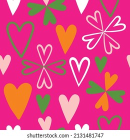 Doodle Style Hand Drawn Colorful Abstract Heart Shapes Trendy Chic Seamless Pattern Cute Look Fuchsia Background