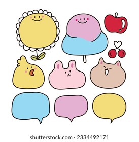 Doodle style hand drawn cute chick, rabbit, cat animal characters, sunflower, speech bubble, apple, cherry, cotton candy illustration set.