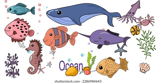 doodle style hand drawn, Fish and wild marine animals in ocean. Sea world dwellers, cute underwater creatures, coral reef inhabitants in their natural habitat, undersea fauna of tropics.