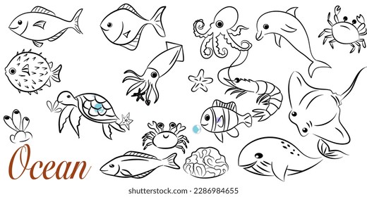 doodle style hand drawn, Fish and wild marine animals in ocean. Sea world dwellers, cute underwater creatures, coral reef inhabitants in their natural habitat, undersea fauna of tropics.