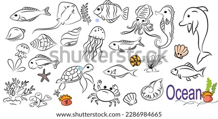 doodle style hand drawn, Fish and wild marine animals in ocean. Sea world dwellers, cute underwater creatures, coral reef inhabitants in their natural habitat, undersea fauna of tropics. 