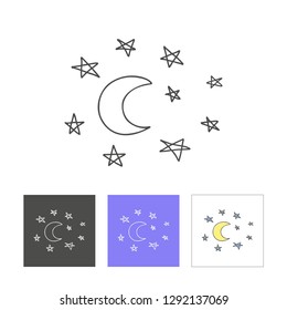 Doodle style hand drawn image of moon with star.