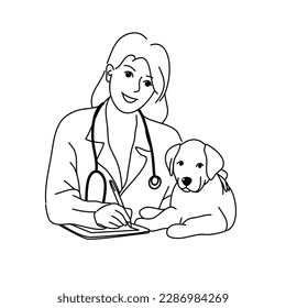 doodle style hand drawn, medicine, pet, animals, health care and people concept - happy veterinarian or doctor with golden retriever dog and clipboard at vet clinic
