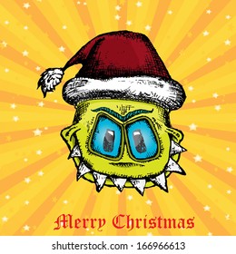 doodle style hand drawn monster on orange rays burn background. merry christmas creative card