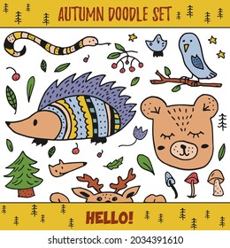 Doodle style hand drawn. Nature, animals and elements. Vector illustration. Autumn doodle set.