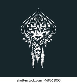 Doodle style hand drawn ornamental lotus. Fashion floral print design with feathers