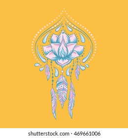 Doodle style hand drawn ornamental blue and pink lotus on the yellow background