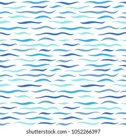 Doodle style, hand drawn sea waves seamless repeat vector background. Wavy lines, undulating stripes, streaks pattern. Stylized marine, sea, water template. Uneven  edges, shades of blue colors.