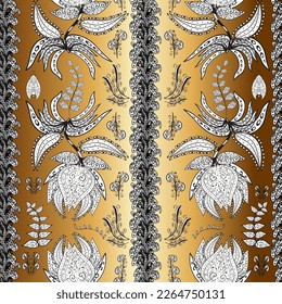 Doodle style. Hand drawn seamless autumn floral flower pattern. Colorful brown, beige and white seamless pattern. Perfect for textile, cover design. Flowers on brown, beige and white colors. Doodles.