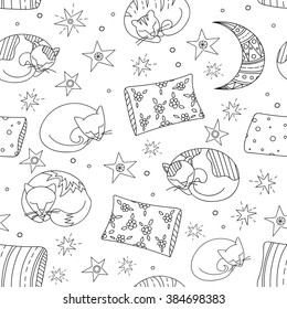 Doodle style hand drawn seamless pattern. Sleeping cats, pillows, and stars background.