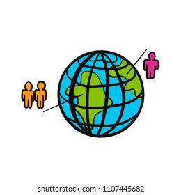 Doodle style hand drawn vector illustration - earth and people/ team around thw world - for designing market research/ financial/ business presentations and documents, poster, banner, logo, icon. 