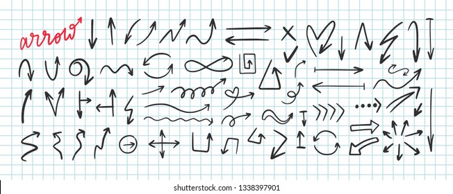 Doodle style hand drawn vector arrows. Set of  black arrows on white background