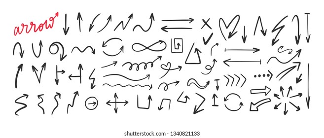 Doodle style hand drawn vector arrows. Set of  black arrows on white background
