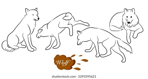 Doodle style hand drawn, Wolves wild animals set of vector illustrations. Canis lupus. A dangerous mammal animal. Forest creature with dark fur. A character in various poses of cartoon design.
