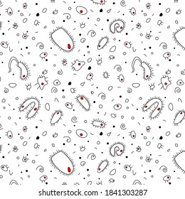 Doodle-Stil, handgezeichnetes Zeichnungsmuster auf transparentem Hintergrund. Medizinische Vektorzusammensetzung. Schwarze weiße Bakterienzellen unter einem Mikroskop.