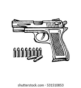 Doodle Style Handgun Sketch In Vector Format. Also Included Bullet. Stock Illustration.