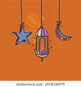 Doodle-Stil mit arabischer Laterne mit Crescent Moon und Sternen auf orangefarbenem Hintergrund und Raum für Ihre Nachricht.