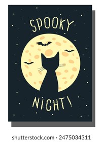 Doodle style Happy Halloween greeting card. Black background Moon, Cat, Bat. Spooky Night poster and card for print. Cartoon character icon.