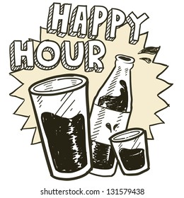 Doodle style happy hour alcohol drinking sketch in vector format.  Includes pint glass, text, shot glass, and beer bottle.