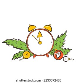 Doodle style Happy New Year sketch with illustrated clock striking midnight. Vector