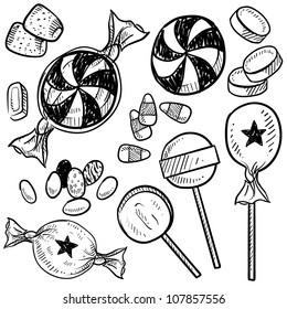 Doodle style hard candy set sketch in vector format. Includes lollipops, mints, wrapped candy, butterscotch, candy corn, gum drops, and jelly beans.