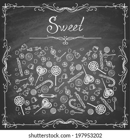 Doodle style hard candy set sketch on  blackboard  in vector format. Includes lollipops, wrapped candy, butterscotch, candy corn, gum drops, and jelly beans. 