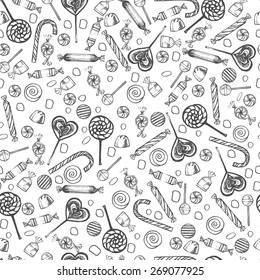 Doodle style hard candy set sketch. Includes lollipops, wrapped candy, butterscotch, candy corn, gum drops, and jelly beans.Seamless pattern. Vector illustration.